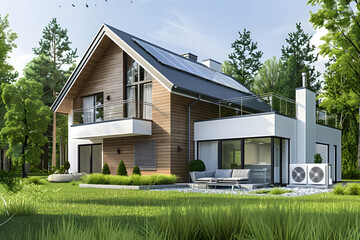 A high-resolution 3D rendering of a modern single-family house with a heat pump system installed beside it, highlighting energy efficiency and renewable energy concepts