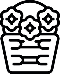 Simple black and white line art illustration of a basket full of blooming flowers