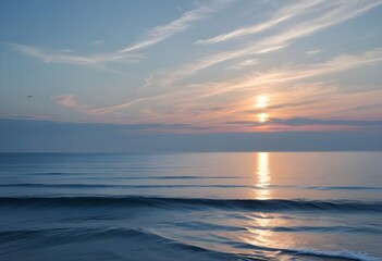 sunset over the sea, sand beach, summer day, some clouds, pink light