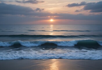 Obraz premium sunset over the sea, sand beach, summer day, some clouds, pink light