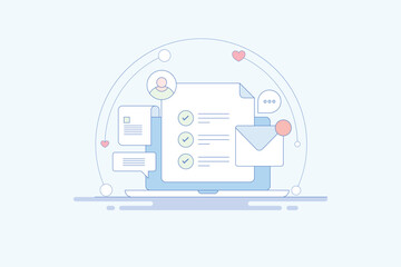 Business checklist on laptop screen, task management and user communication project planning digital application, vector illustration.