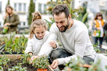 A father and daughter work together to plant vegetables in an urban garden.