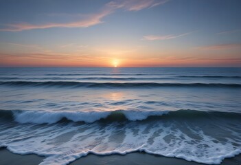 Fototapeta premium sunset over the sea, sand beach, summer day, some clouds, pink light