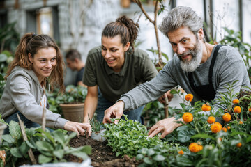 Three people, two women and one man, work together in an urban community garden planting vegetables and flowers.