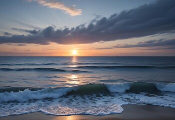 Obraz premium sunset over the sea, sand beach, summer day, some clouds, pink light