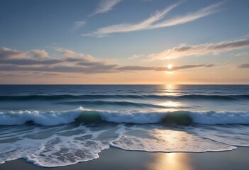 Fototapeta premium sunset over the sea, sand beach, summer day, some clouds, pink light
