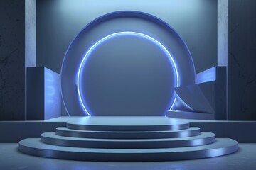 Obraz premium Futuristic blue neon stage with circular light for product placement or presentation. Modern, empty platform for showcasing. Concept of technology, innovation, and digital display.