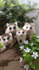 Obraz premium A group of four young Asian palm civets are playing on a fallen log in a field of wildflowers