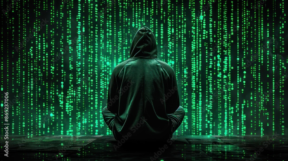 Poster hacker in front of digital matrix background