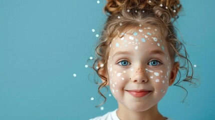 Portrait of a happy little girl with colorful face paint and a blue background.