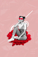 Collage image artwork of smiling adorable nice woman sitting flower isolated on drawing background