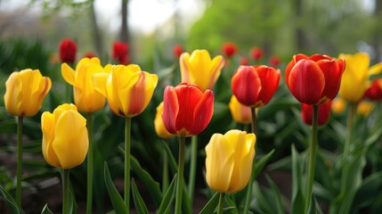 Obraz premium Tulips in shades of yellow and red are featured in the spring flower beds