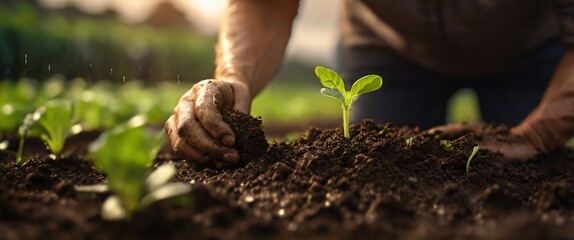 Expert hand of farmer checking soil health before growth a seed of vegetable or plant seedling, Business or ecology concept, analyze complex data sets in real-time, with a digital interface overlaid o