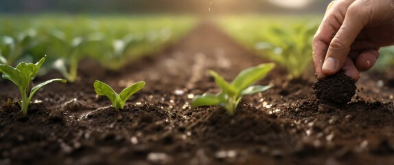 Expert hand of farmer checking soil health before growth a seed of vegetable or plant seedling, Business or ecology concept, analyze complex data sets in real-time, with a digital interface overlaid o