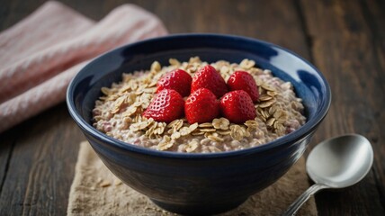 Bowl with oatmeal, yogurt and strawberry, concept of healthy eating, healthy life.