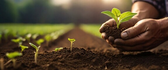 Expert hand of farmer checking soil health before growth a seed of vegetable or plant seedling, Business or ecology concept, analyze complex data sets in real-time, with a digital interface overlaid o