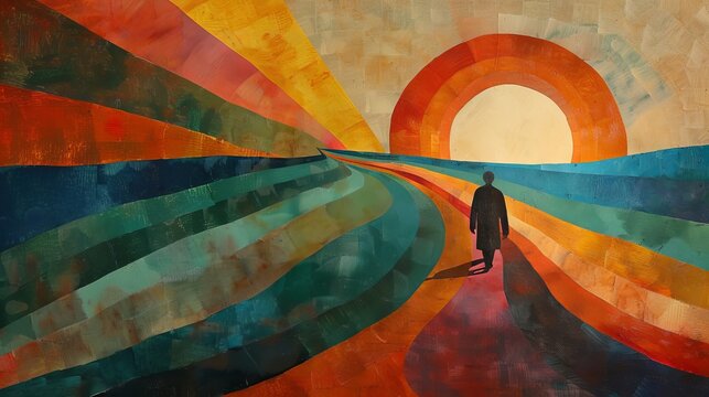 Abstract painting of person journeying towards the sun symbolizing hope and recovery.