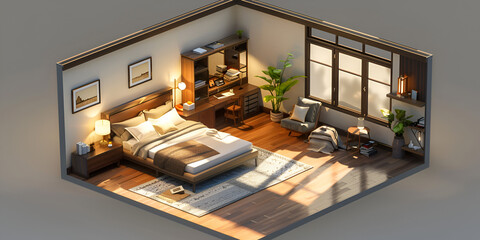 3D rendered poly isometric room model with modern interior design