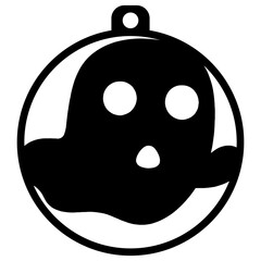 A black and white image of a circular pendant or ornament with a simple cartoon-like face or mask design, consisting of two eyes and a smiling mouth