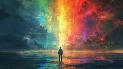 Obraz premium Man gazes at mysterious rainbow light in digital art style painting.