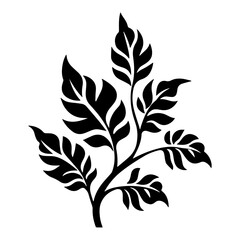 A black silhouette of a plant with several leaves branching out from a central stem