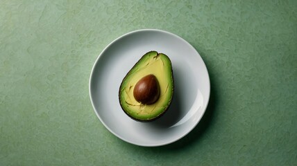 Sliced ​​avocado on white plate, healthy eating concept, light green background.