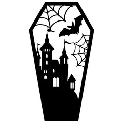A black silhouette of a haunted house with a bat and spider web against a dark background, suggesting a spooky, Halloween-themed scene