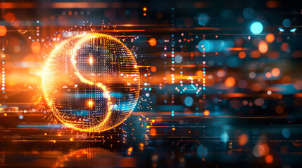 Fototapeta premium Abstract digital representation of a glowing Yin-Yang symbol composed of dots and light streaks on vibrant background.