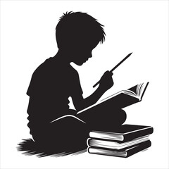 The child is reading a book Silhouette Vector. Kids reading a book silhouette, the child is reading a book. Little Boy and Girl Study Read Book Silhouette Illustration