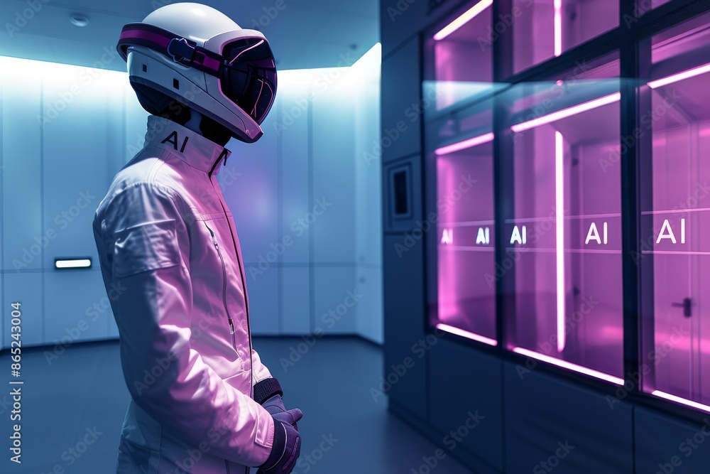 Poster futuristic ai astronaut in a neon lit high tech corridor, showcasing the integration of artificial i