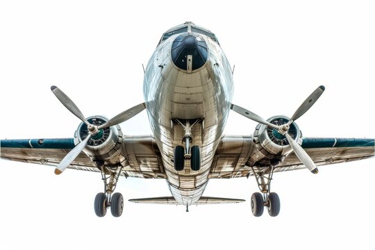 Vintage twin prop cargo plane isolated front and left side view with spinning propellers Isolated vintage plane with spinning propellers