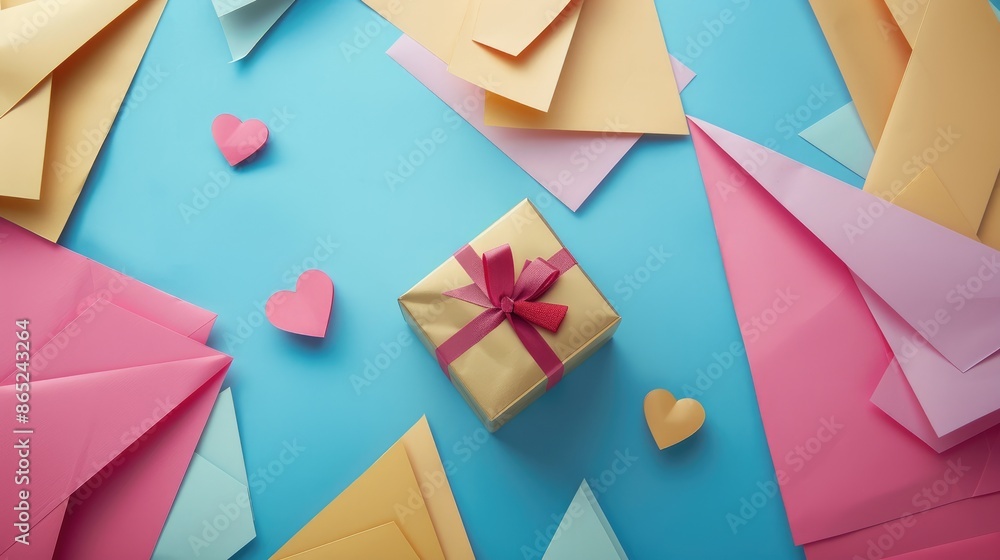Poster geometry flat composition on colorful paper surroundings with gift box and heart shape backdrop in d