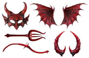 Set collection of devil demon satan red maroon costume accessory, Masquerade mask, wings, trident pitchfork fork, tail, horn on transparent cutout. PNG file. Mockup template for artwork design