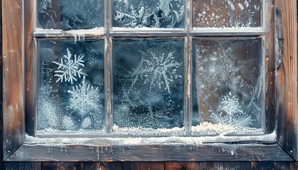 Vintage window with icy glass in snowy Christmas severe frost freezing the house Power of nature abstract pattern showcasing earth s beauty
