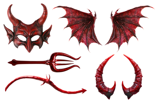 Set collection of devil demon satan red maroon costume accessory, Masquerade mask, wings, trident pitchfork fork, tail, horn on transparent cutout. PNG file. Mockup template for artwork design - Powered by Adobe