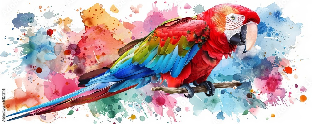 Wall mural a parrot flat design side view theme of exotic wildlife water color Split-complementary color scheme, isolated on white,