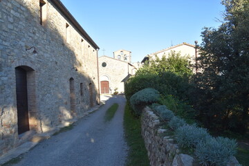 An old Italian castle turned into a hotel with a pool and views over the hills in Toscany