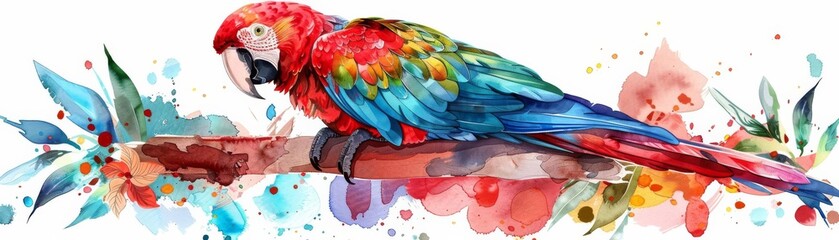 Obraz premium a parrot flat design side view theme of exotic wildlife water color Split-complementary color scheme, isolated on white,