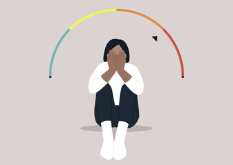 A Spectrum of Emotions, A Moment of Despair, Digital illustration of person sitting on the floor, face in hands, with rainbow scale above symbolizing emotions, They appear sad or distressed