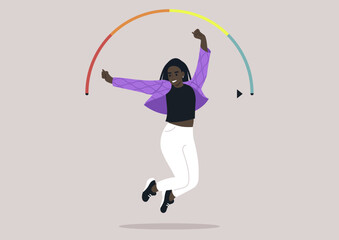 A young woman in a purple jacket jumps with joy under a colorful rainbow mood meter, She has a happy expression on her face and is clearly enjoying the moment