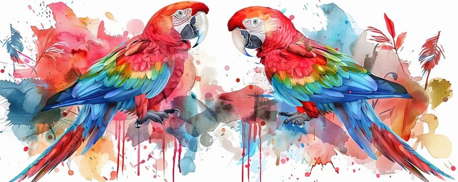 a parrot flat design side view theme of exotic wildlife water color Split-complementary color scheme, isolated on white,