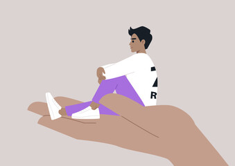 A young character sitting on a hand palm, psychotherapy, help and support, a counseling session