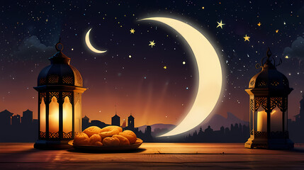Serene Ramadan night scene with a crescent moon in the sky and lanterns illuminating the streets