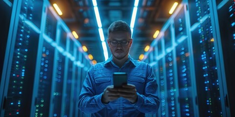 Network Engineer IT technician Monitoring Data in futuristic Server Room, ai