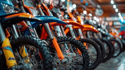 A store sells motocross motorcycles in different colors