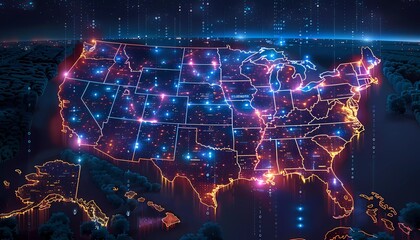 Legal and Compliance AI Applications, map of law firms and regulatory bodies in the USA with AI icons analyzing legal documents and compliance data, 