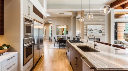 A modern kitchen with sleek appliances, a marble countertop, and stylish cabinets