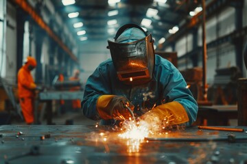 Welder in protective gear welding metal pipe in workshop with coworkers
