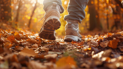 Obraz premium an elderly person's feet in running shoes, stepping on a trail