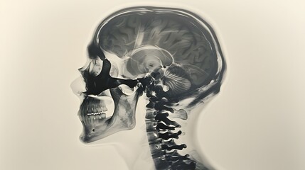 Obraz premium X-Ray of a Human Head: Lateral X-ray view of a human head, showing skull and cervical spine. 